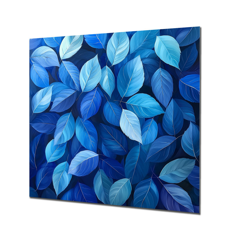 Feuilles de cobalt dans la lune Collage de lumière II - feuilles, art mural en métal pour le salon, H 16 po x l 16 po