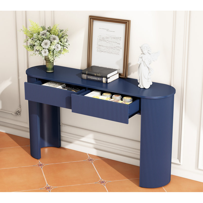 TREXM Entryway Table with Fluted Design, Modern Console Table with Storage, Oval Top and 2 Drawers, Navy