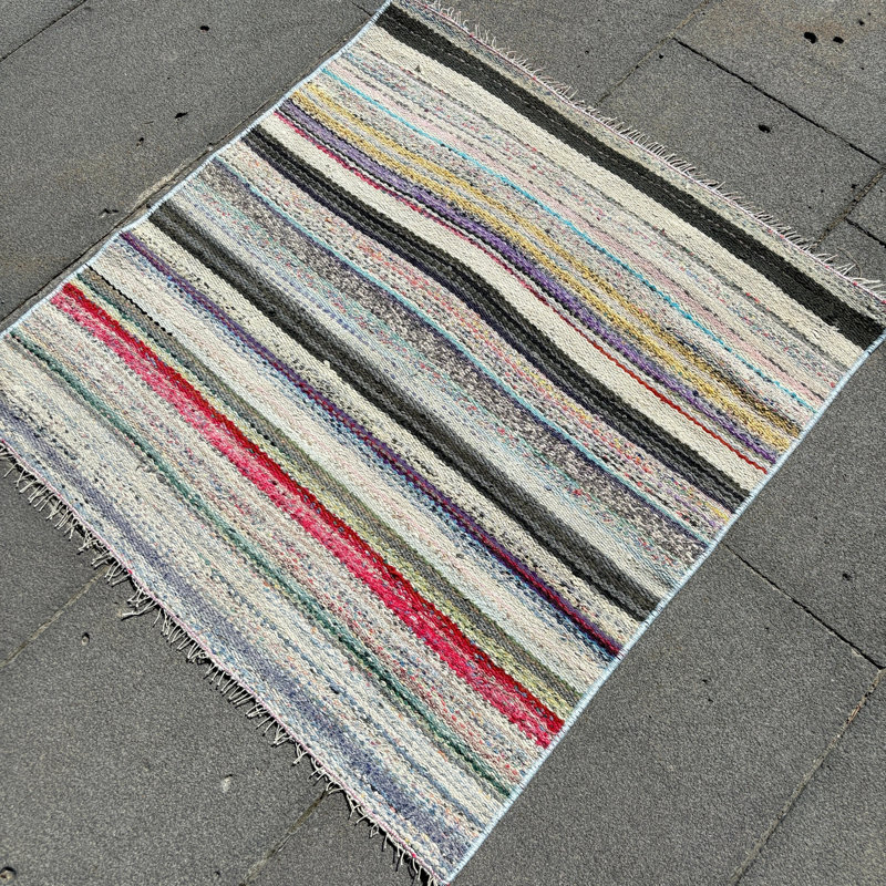 Antique Turkish Kilim Wool Rug in Vibrant Rainbow Stripes for Versatile Home Decor