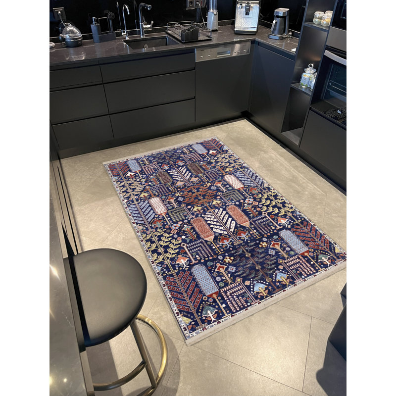 Tapis décoratif multicolore bleu marine à motif complexe, Rectangle 4 pi 11,06 po x 9 pi 10,11 po