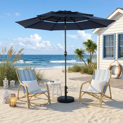 Parasol extérieur en aluminium de 10 pieds avec conception à trois niveaux et inclinaison automatique - Convient aux tables de marché et aux environnements de terrasse de piscine (abat-jour bleu marine, base exclue)