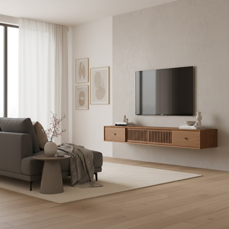 Meuble télé 78,7 po avec portes à lattes et tiroirs de rangement