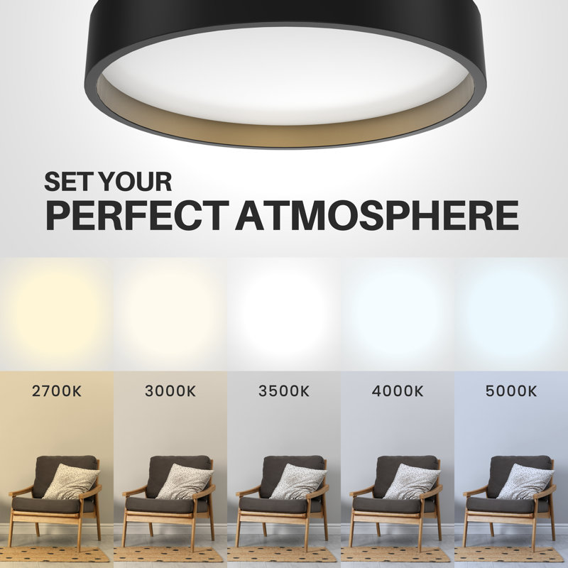 LED Ceiling Light Drum 15" Matte Black 120V 24W 1400LM 5-Way Selectable CCT