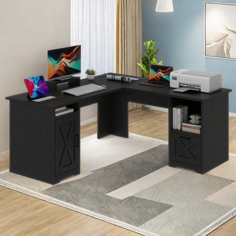 L-Shaped Executive Desk With Power Outlet, Black