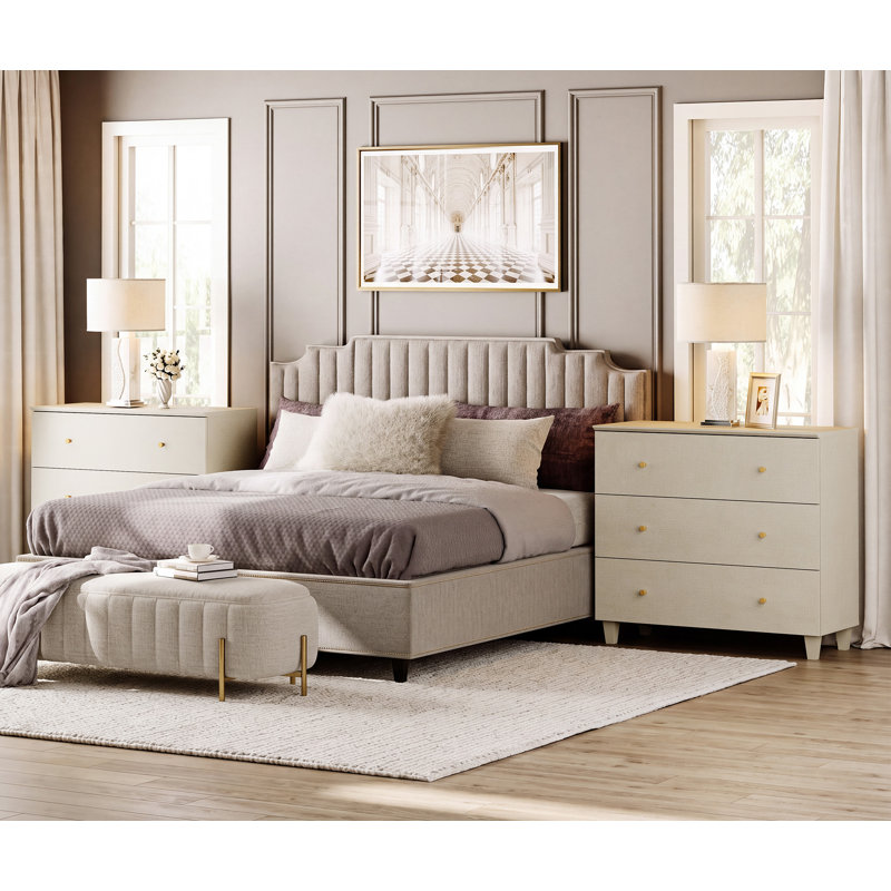 Nightstands With 3 Large Drawers For Bedroom, Set Of 2 Modern Wooden Closet Storage Organizer, Beige