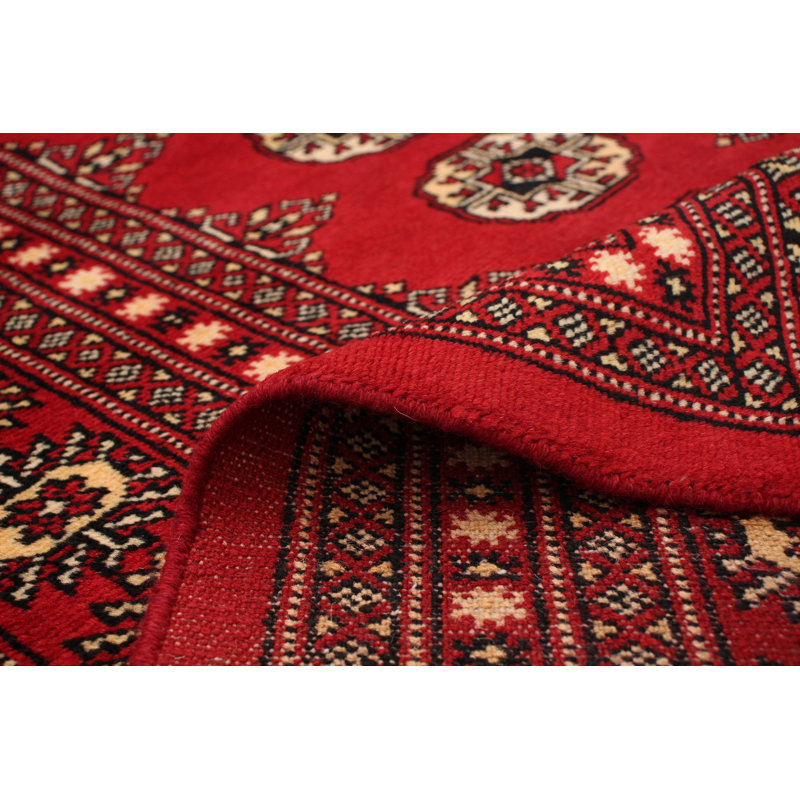 Tapis unique en laine noué à la main style Bokhara des années 2010 de 9 pi 1 po x 12 pi 6 po rouge / doré Hovnan