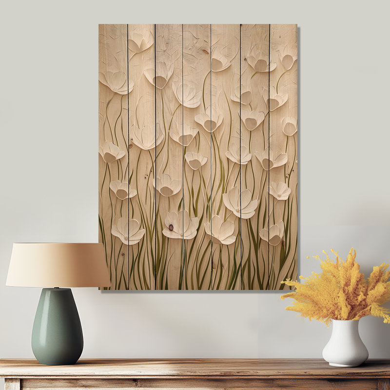 Décoration murale Minimale crème Buttercup Field I - Bouton d'or sur bois de pin naturel, H 40 po x l 30 po x P 0,78 po