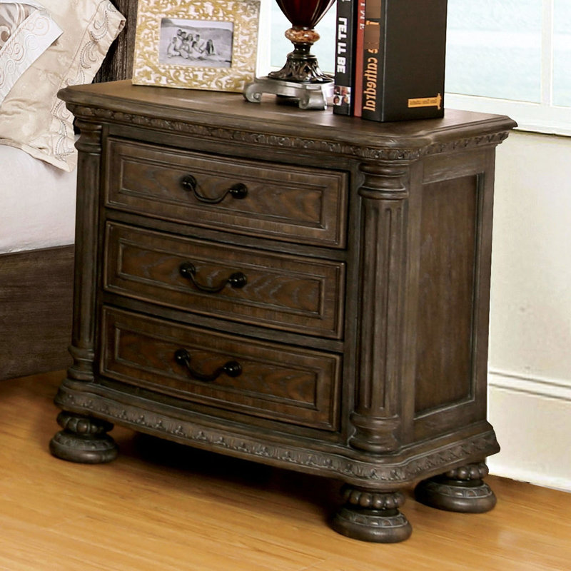 Table de chevet rustique en bois massif naturel pour chambre à coucher avec 3 tiroirs et poignée en bronze Elegance