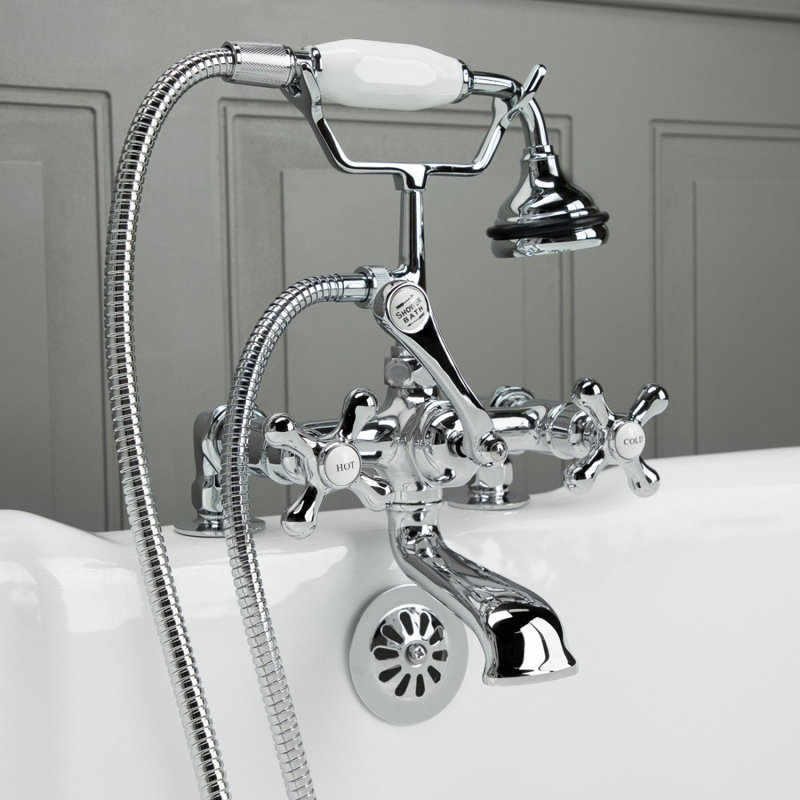 Robinet pour baignoire sur pattes trois poignées avec robinet de déviation et douchette, Chrome