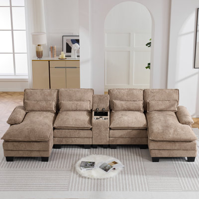 125.6'' U Shaped Sectional Sofa with Chaise Lounges, Storage Console, USB Charging Ports, Cup Holders, Sherpa-Chenille