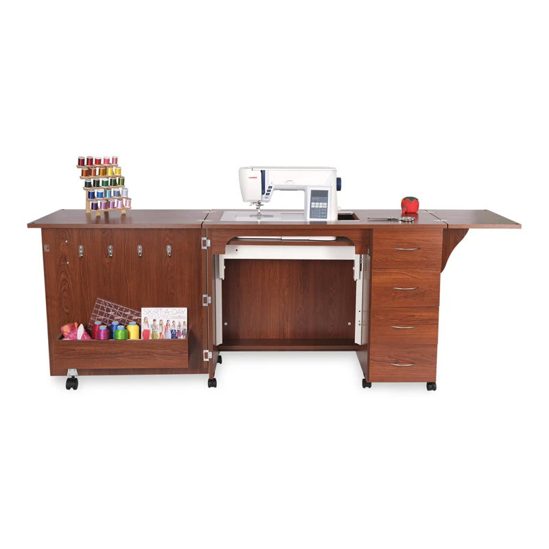 Ash White Foldable Sewing Cabinet with Drawers and Wheels