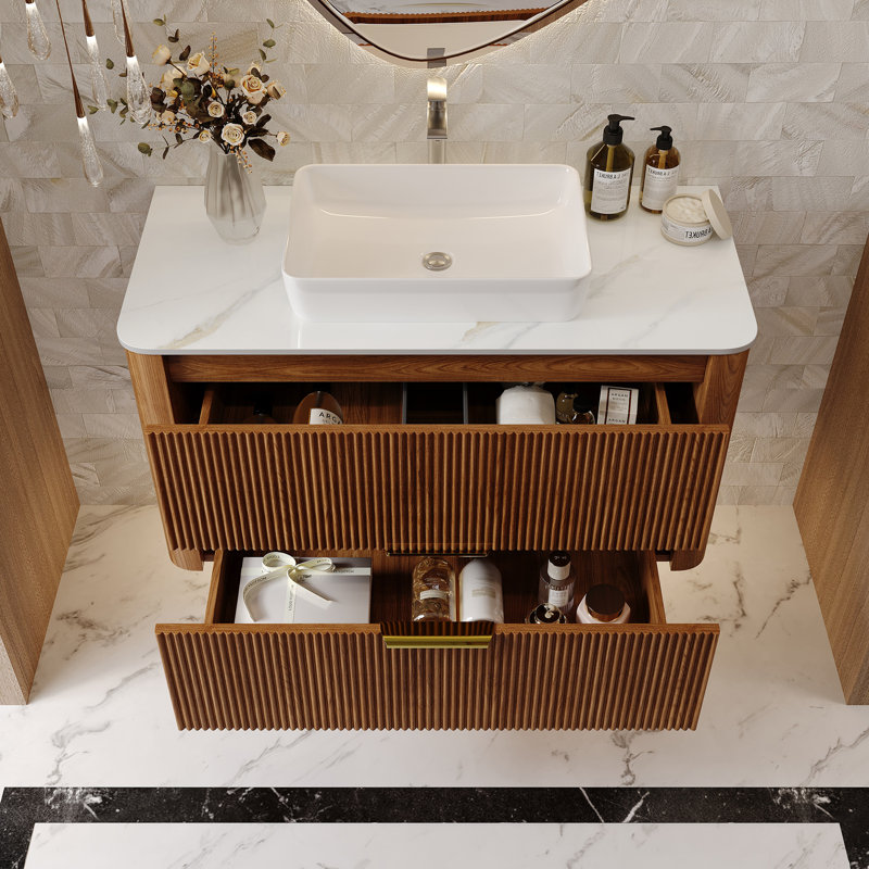 Meuble-lavabo simple 36 po avec comptoir en faux marbre Wihte, meuble-lavabo brun avec lavabo rectangulaire