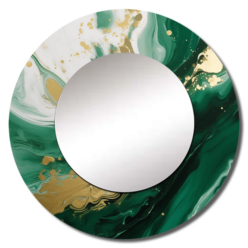 Vert et or Serene Cascade III - miroir décoratif abstrait, miroir mural rond moderne, impression d'art en métal