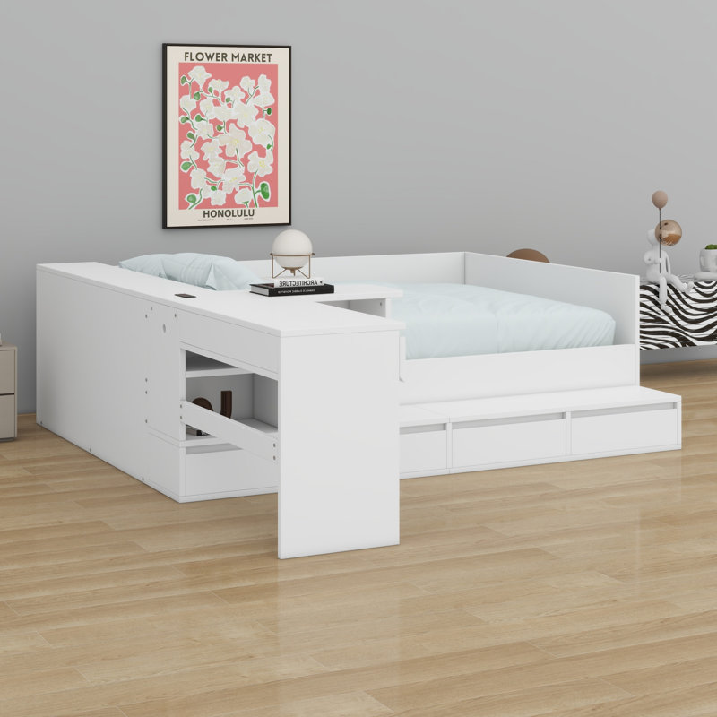 Lit plateforme en bois avec tiroirs, tablettes et coiffeuse, Blanc