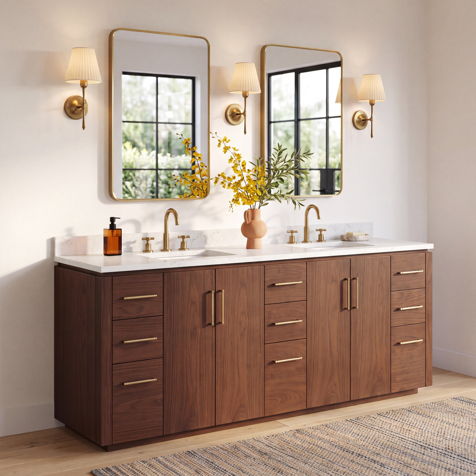 Cloverfield 84'' Double Bathroom Vanity, Natural Walnut, Gold