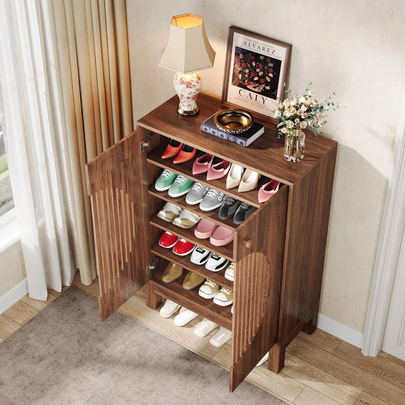 28.74" 5-Tier Shoe Cabinet With Round Louvered Doors Shoe Storage Organizer