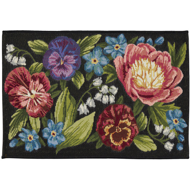 Andreane Floral Synthetic Non-Skid Kitchen Mat, Black, Rectangle 2' x 2'10"