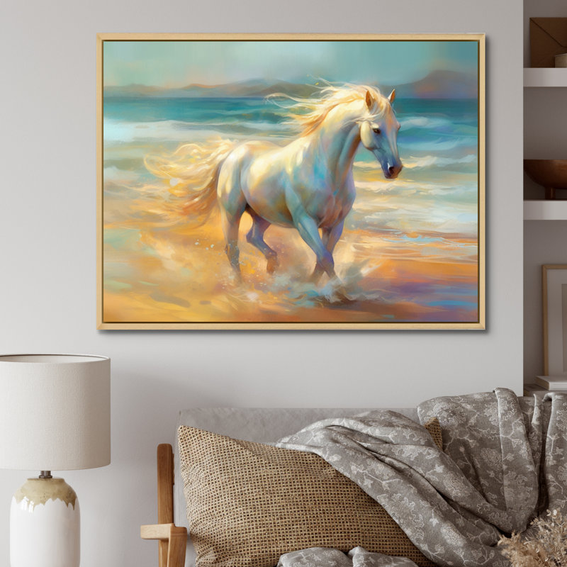 Cheval sur la plage I - art mural cheval, Cadre naturel flottant, H 30 po x l 40 po x P 1,5 po