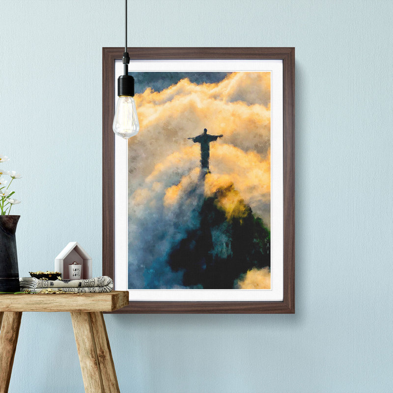 Christ The Redeemer In Brazil - Single Picture Frame Painting on MDF, Walnut Framed, 63cm H x 45cm W x 2cm D