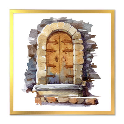 Vintage Entrace en bois avec arche de pierre et marches - reproduction d'art sur toile rétro