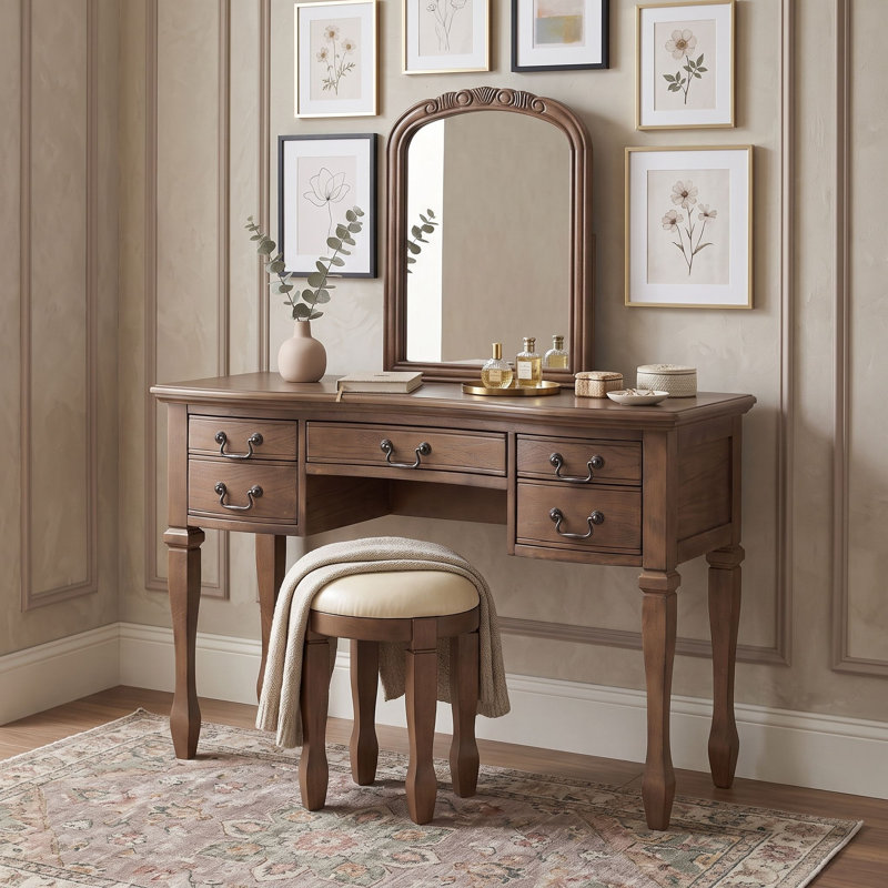 Ensemble de coiffeuse avec miroir, 5 tiroirs et tabouret rembourré
