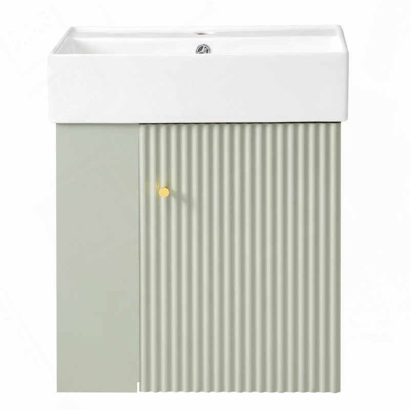 Meuble-lavabo flottant avec lavabo en céramique, Vert, Doré