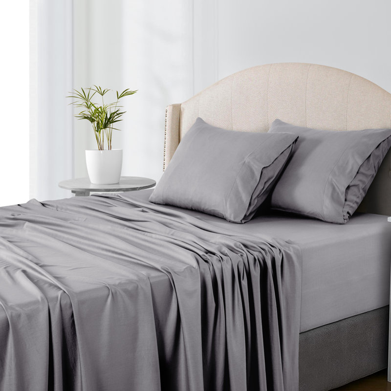 Luxury 4 Piece Solid Sheets Soft Rayon From Bamboo Blend Bedding Sheet Set, Gray, King