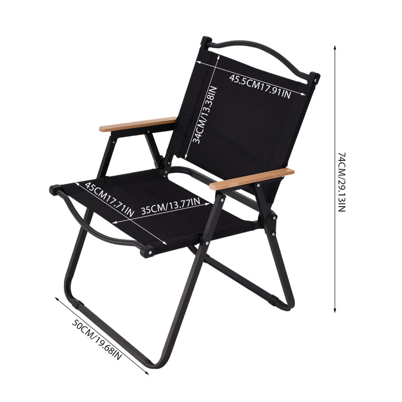 Portable Outdoor Lawn Chair with Wood Armrest & Metal Frame, Black Cushion/Black Frame