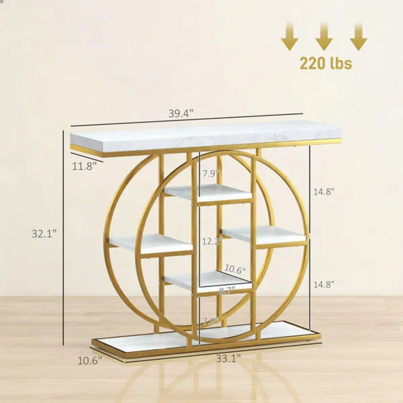 White Marble Effect Industrial 39.4" Console Sofa Table with Multi-Layer Storage Shelves