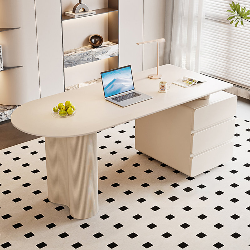 Bureau blanc en demi-cercle blanc + bois manufacturé + fer, H 29,53 po x l 55,12 po x P 31,5 po
