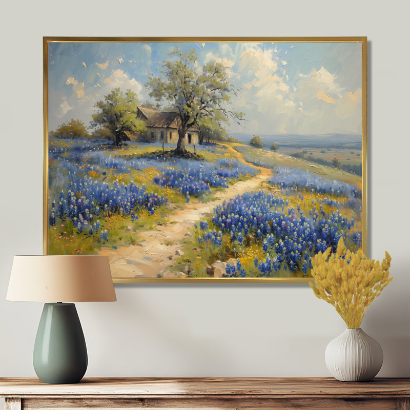 «Blue Green Summer Meadow Charm Blue Bonnets II - Blue Bonnets», art mural, Toile avec cadre flottant or