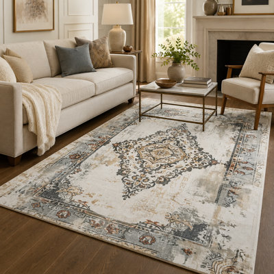Oriental Floral Non-Slip Machine Washable Vintage Area Rug in Cray/Cream/Brown for Living Room, Bedroom, Hallway Runner Indoor Rugs