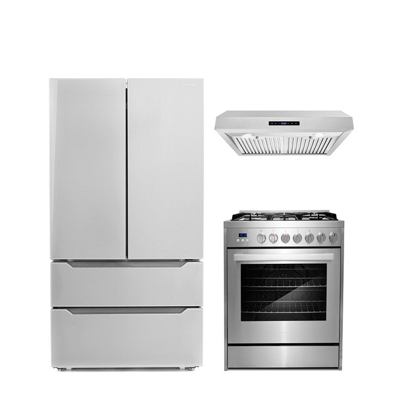 Cosmo 3 Piece Kitchen Appliance Package with French Door Refrigerator 30'' Gas Freestanding Under Cabinet Range Hood