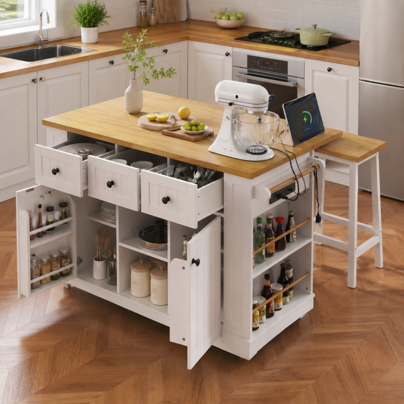 Îlot de cuisine roulant de 53 po avec rallonge et prise de courant, armoire de rangement de ferme avec 3 tiroirs, supports de porte internes et 2 tabourets de bar, chariot de cuisine mobile