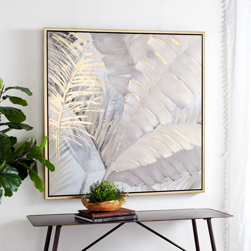 Gold and Gray Palm Leaf Framed Canvas Wall Art, 40" x 40"