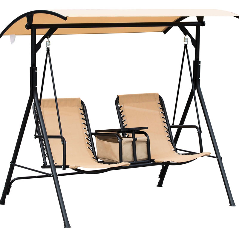 Balancelle d'extérieur beige pour 2 personnes, auvent, table de rangement, porte-gobelet, abat-jour réglable, terrasse pour deux personnes, auvent avec rangement, structure