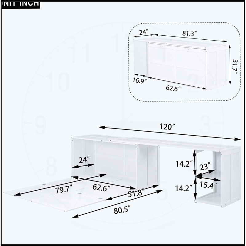 Grand lit escamotable avec bureau rotatif, Blanc