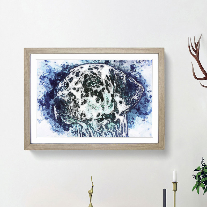 Dalmatian Dog in the Blue in Abstract - Picture Frame Painting Print, 27cm H x 36cm W x 2cm D, Oak Framed