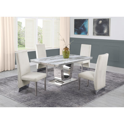 Andorra White Marble Dining Set with Velvet Side Chairs