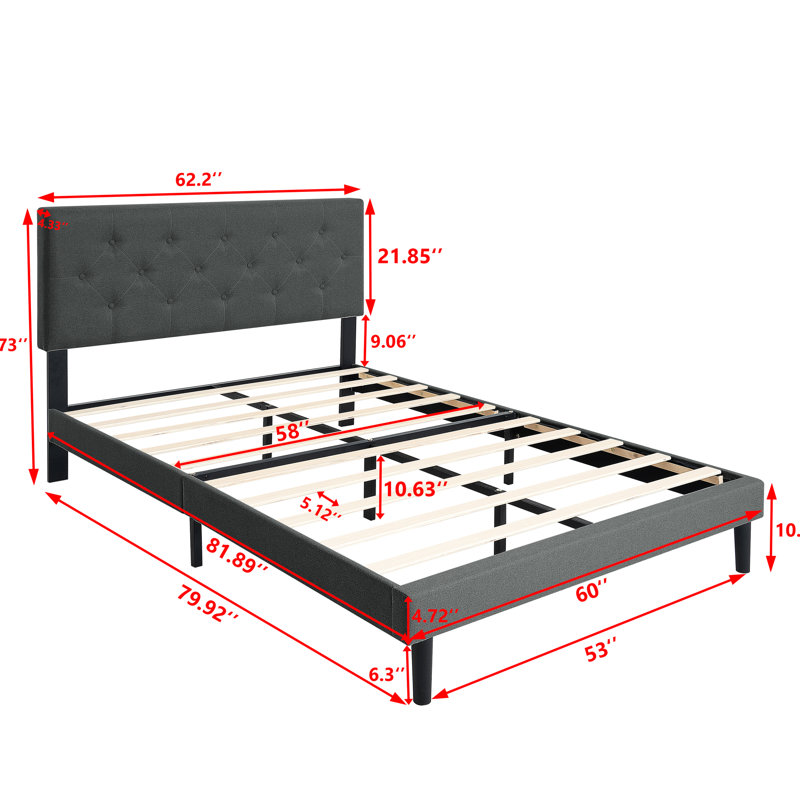 Grand lit plateforme tapissier gris foncé avec tête de lit en lin, sans sommier tapissier, base en lattes de bois pour la durabilité, facile à assembler