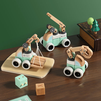 Freniland - 2+ years Toddlers Wooden Blockables Snap and Play, Mix and Match Car Set with Fire Truck, Crane & Wooden Cart