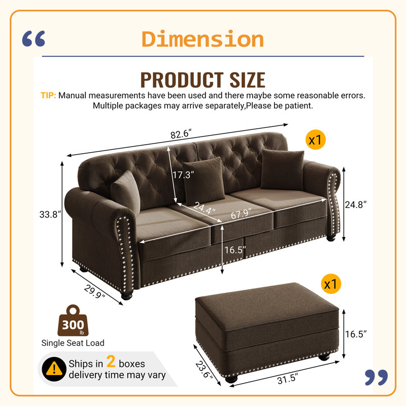 Canapé Chesterfield 82,6 po rembourré en velours avec garniture cloutée et accoudoirs roulés, Brun
