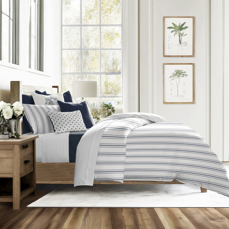 August Stripe Reversible Cotton Duvet Cover Set, Queen Duvet Cover + 2 Queen Shams, Denim