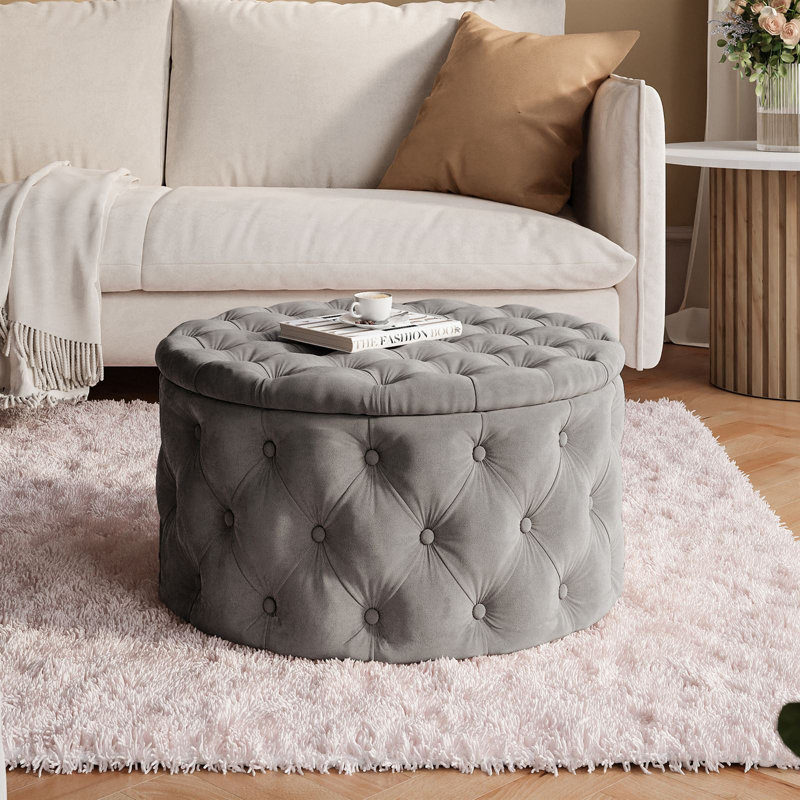 CHESTERFIELD Round Upholstered Pouf Hocker 70 cm, Light Grey Polyester