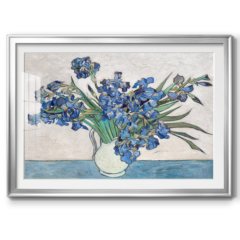 Iris bleus - Encadré sous verre et sous passe-partout, grand tableau pour salon, Argent, H 30 po x l 44 po x P 1,5 po