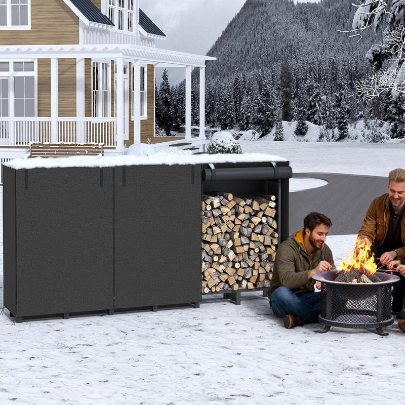 Support à bois de chauffage avec couvercle, support à bûches pour le bois de chauffage extérieur, support à bûches réglable avec couvercle imperméable, rangement pour bois de foyer, support à bois robuste, pour l'intérieur et l'extérieur, noir BB02CH02