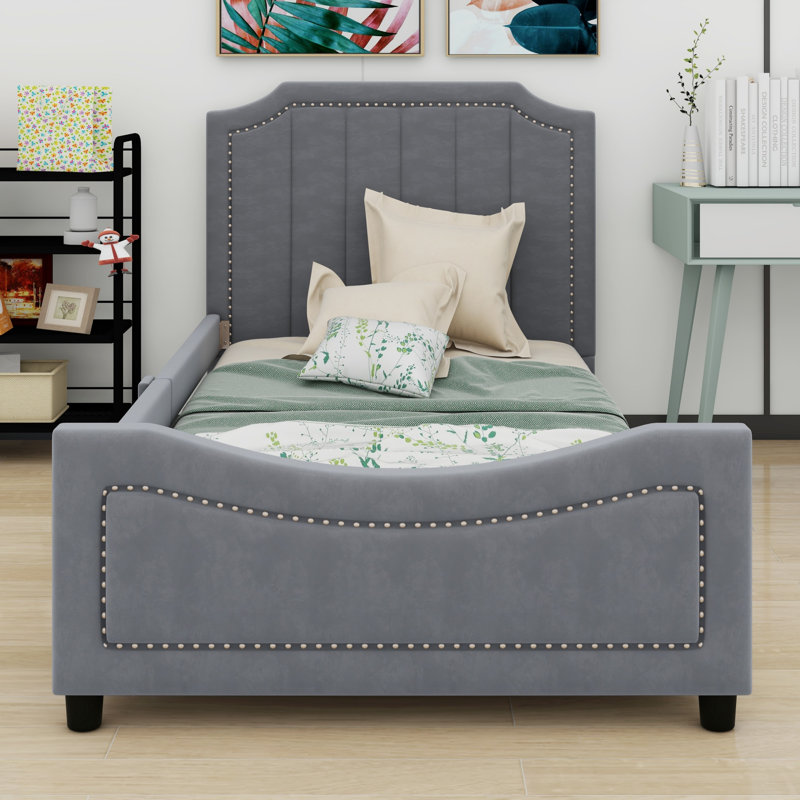 Upholstered Daybed With Classic Stripe Shaped Headboard, Grey