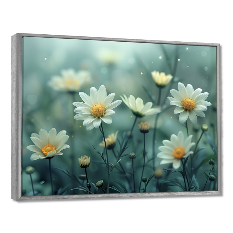 Nirvana blanc et blanc - marguerites, art mural, H 30 po x l 40 po x P 1,5 po, Encadrement argenté