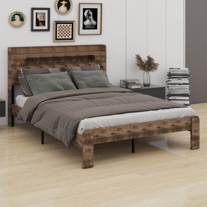 Structure de lit plateforme en bois avec tête de lit à DEL et USB, Lit double