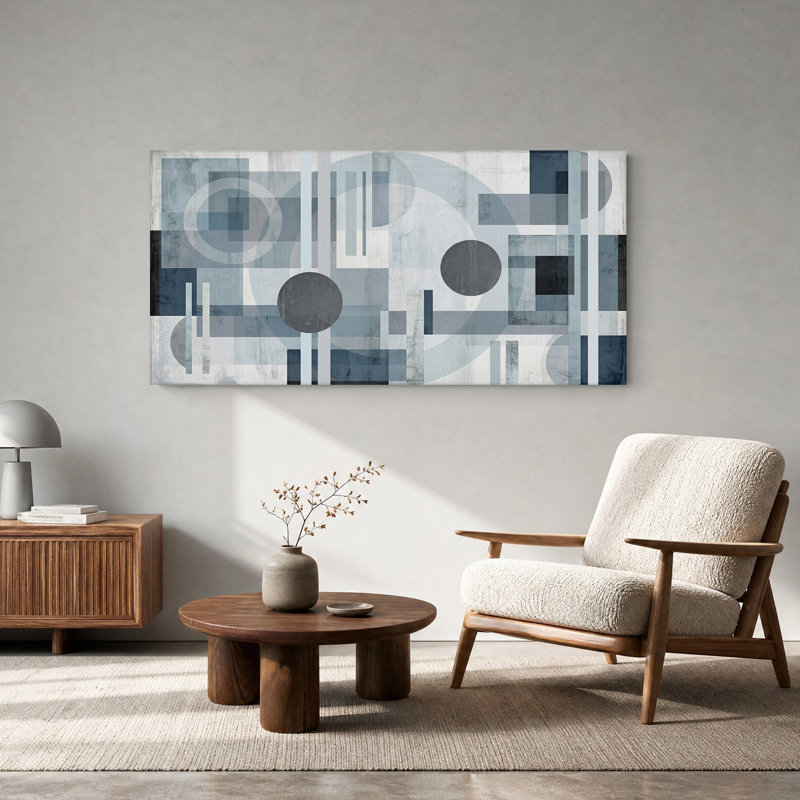 Tableau sur toile aux formes géométriques abstraites bleues et grises, 46“W x 24”H